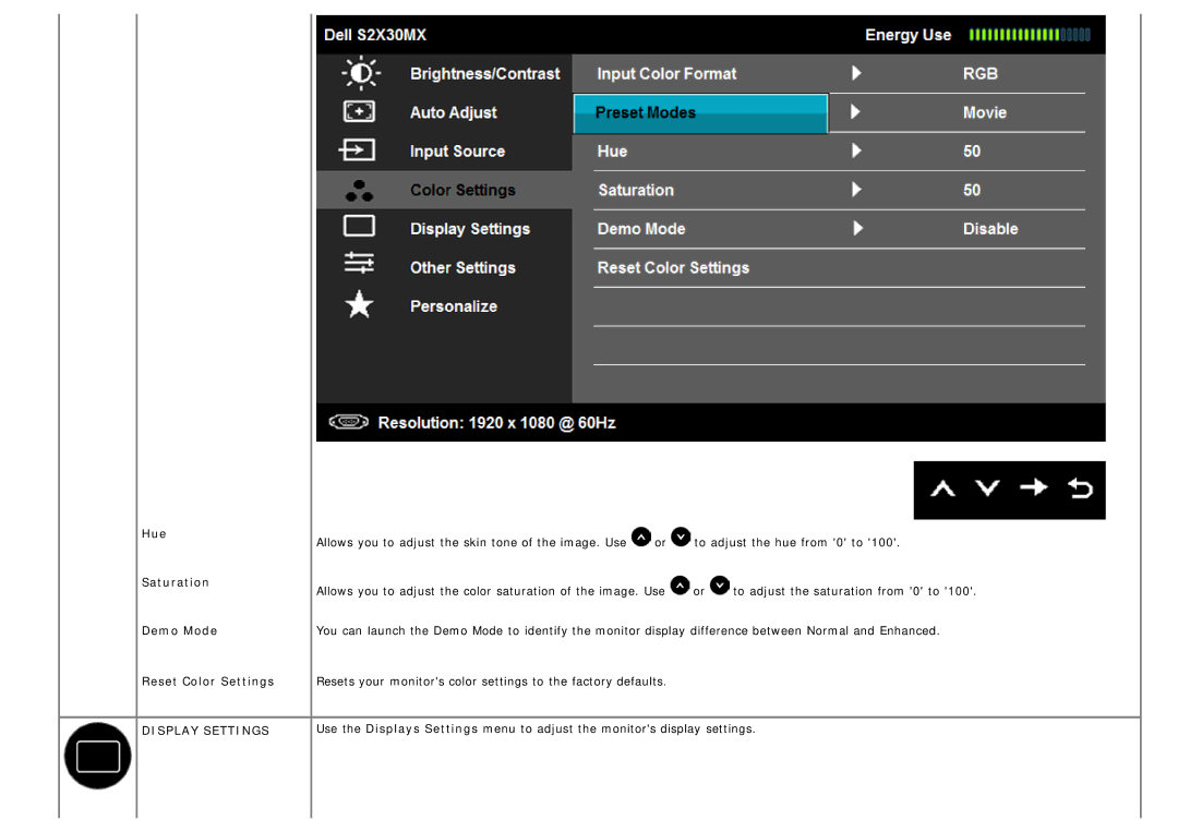 Dell S2230mx, S2330MX manual Hue Saturation Demo Mode Reset Color Settings, Display Settings 