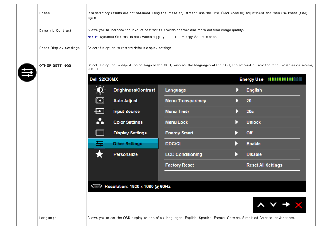 Dell S2230mx, S2330MX manual Phase, Dynamic Contrast, Reset Display Settings, Language 
