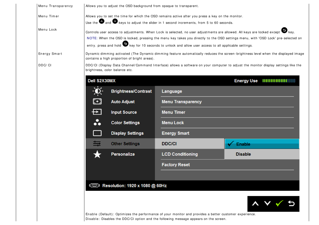 Dell S2330MX, S2230mx manual Menu Transparency Menu Timer Menu Lock Energy Smart, Ddc/Ci 
