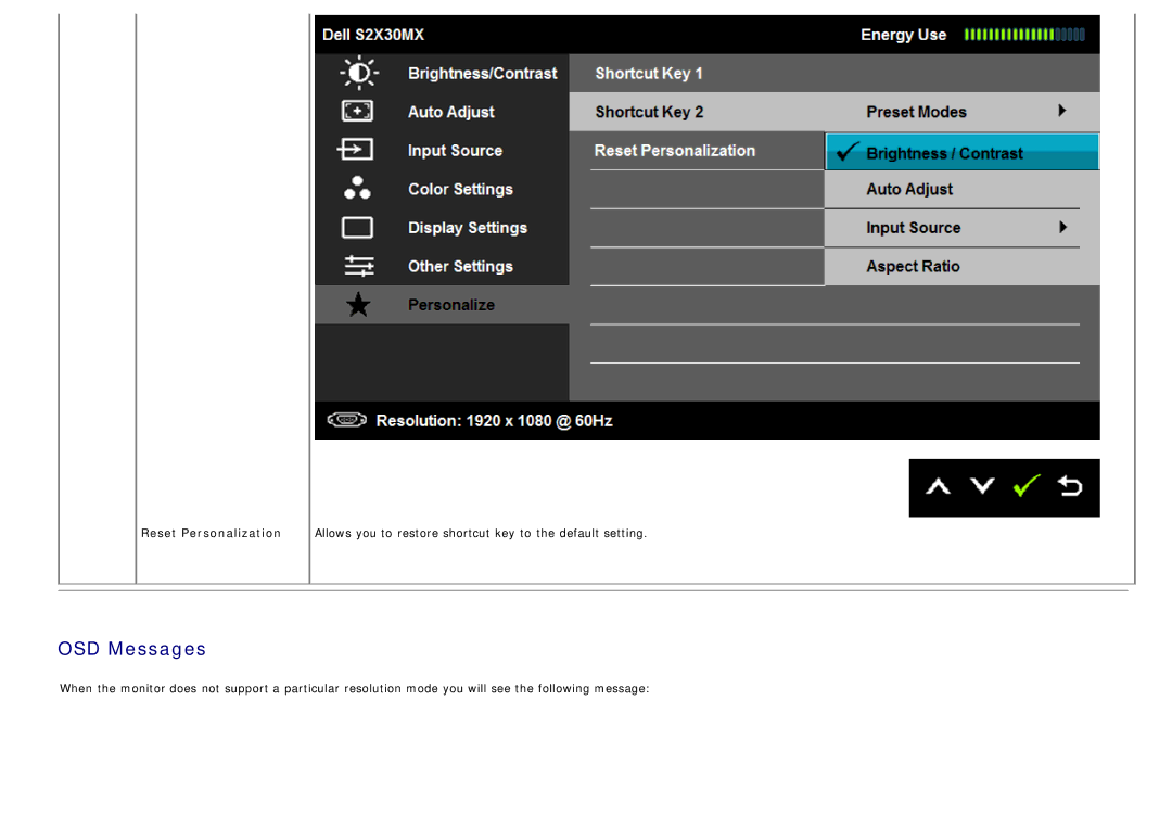 Dell S2330MX, S2230mx manual OSD Messages, Reset Personalization 