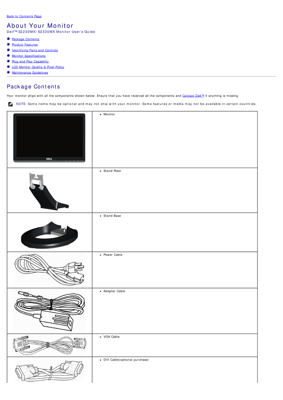 Dell S2230mx, S2330MX manual About Your Monitor, Package Contents 