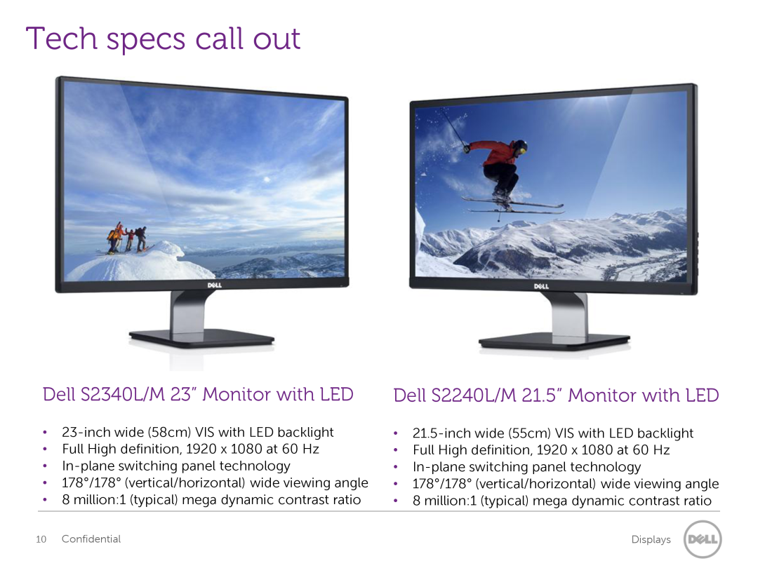 Dell S27407, S230L/M manual Dell S2340L/M 23” Monitor with LED, Dell S2240L/M 21.5” Monitor with LED, Tech specs call out 