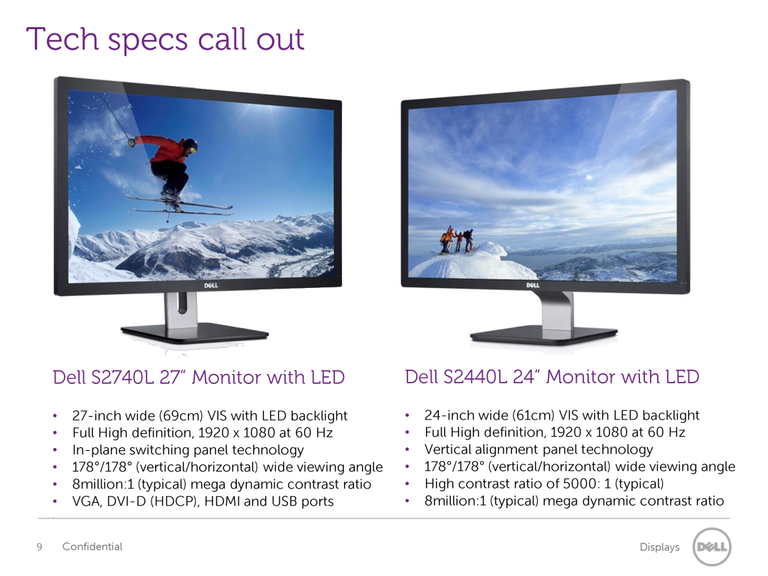 Dell S2240L/M, S27407, S230L/M manual Tech specs call out, Dell S2740L 27” Monitor with LED, Dell S2440L 24” Monitor with LED 