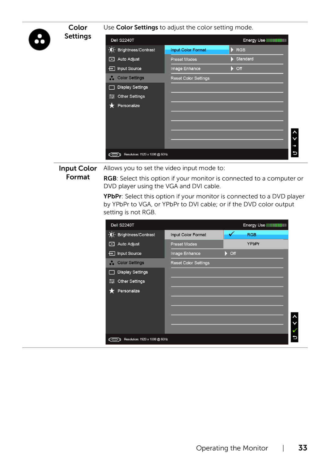 Dell S2240Tb manual Input Color Format 