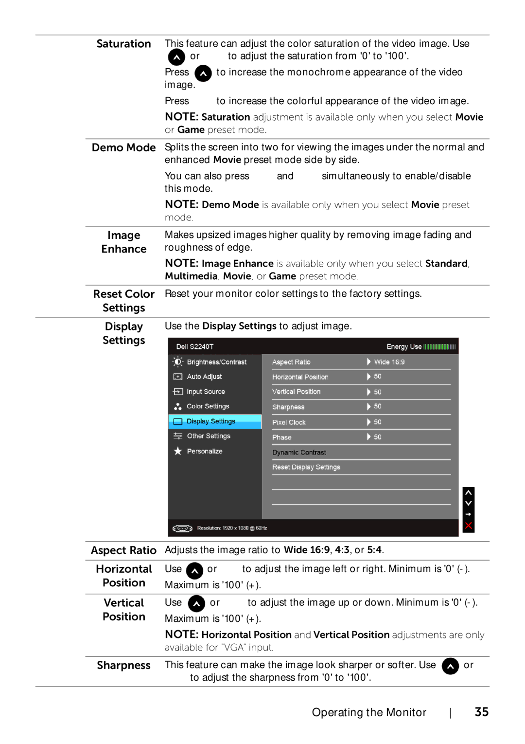 Dell S2240Tb manual Demo Mode, Image, Reset Color, Settings Aspect Ratio, Position 