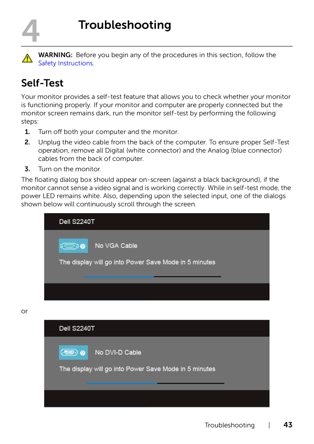 Dell S2240Tb manual Troubleshooting, Self-Test 