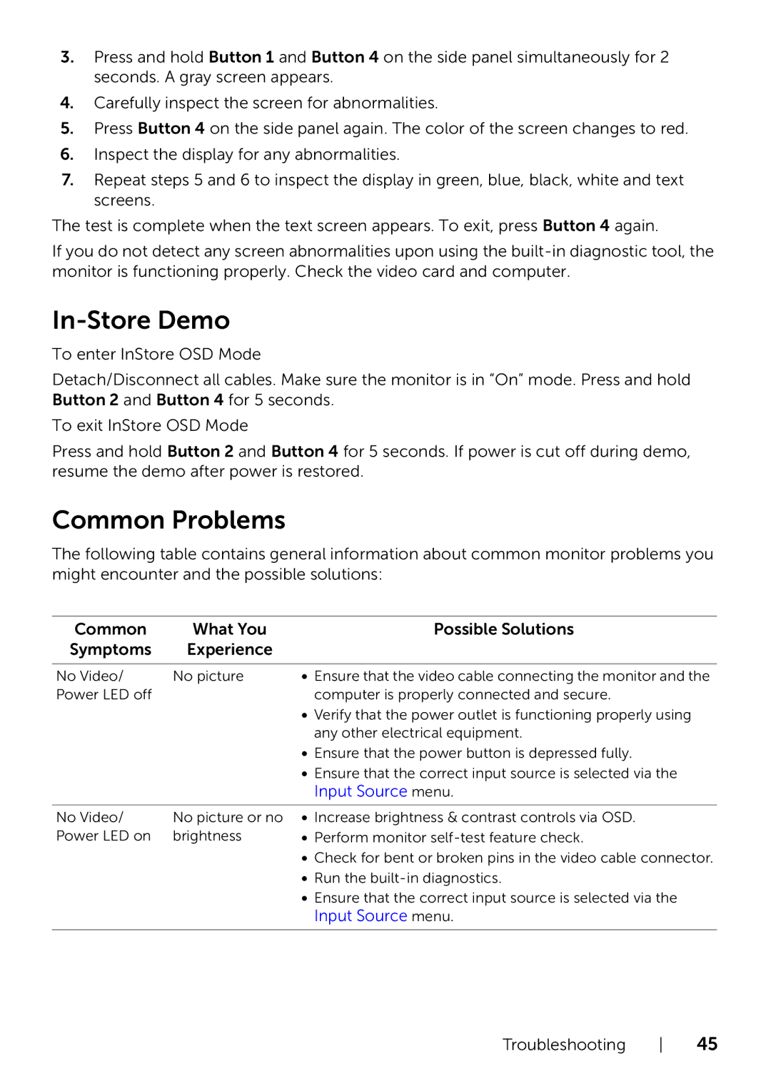 Dell S2240Tb manual In-Store Demo, Common Problems 