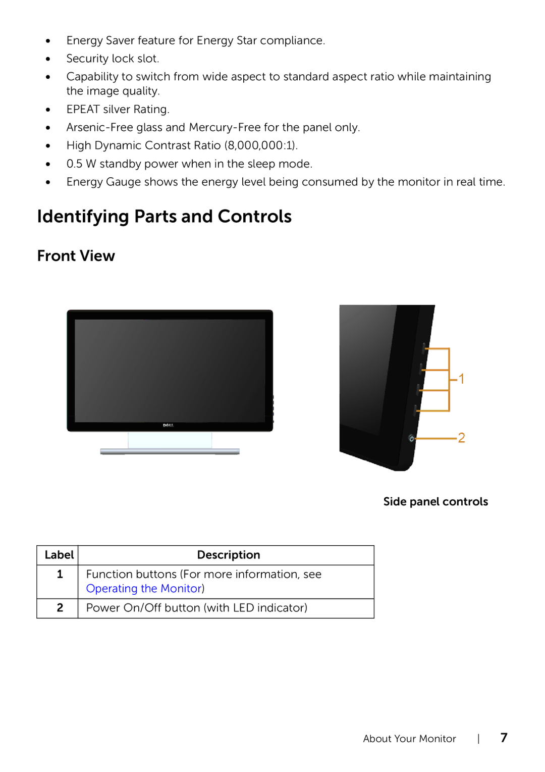 Dell S2240Tb manual Identifying Parts and Controls, Front View 