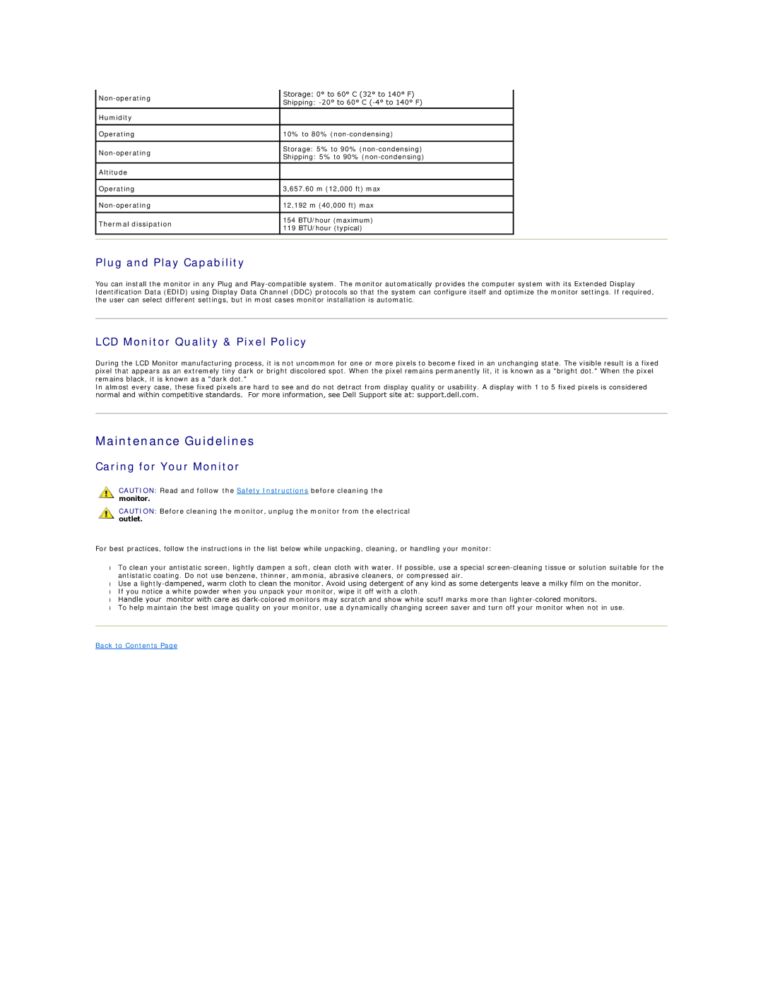 Dell S2309W Maintenance Guidelines, Plug and Play Capability, LCD Monitor Quality & Pixel Policy, Caring for Your Monitor 