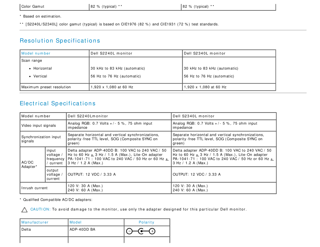 Dell Resolution Specifications, Electrical Specifications, Dell S2240L monitor Dell S2340L monitor, Dell S2240Lmonitor 