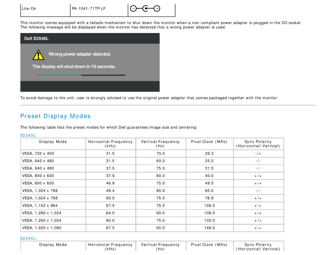 Dell S2340L appendix Preset Display Modes, Horizontal/Vertical 