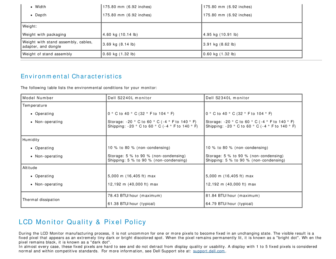 Dell S2340L appendix LCD Monitor Quality & Pixel Policy, Environmental Characteristics 