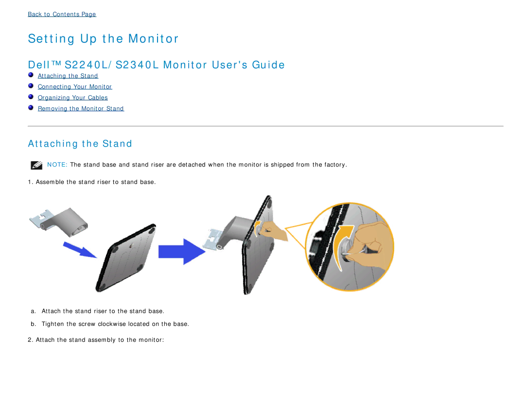 Dell appendix Dell S2240L/S2340L Monitor Users Guide, Attaching the Stand 