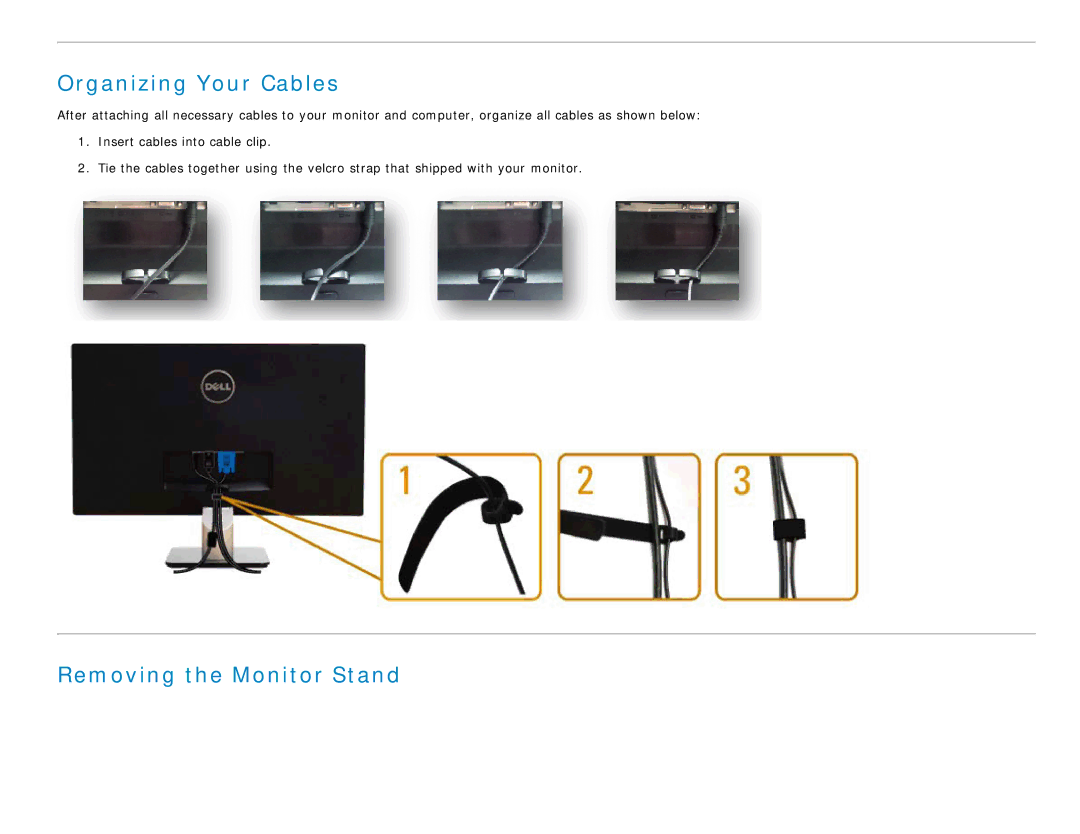 Dell S2340L appendix Organizing Your Cables, Removing the Monitor Stand 