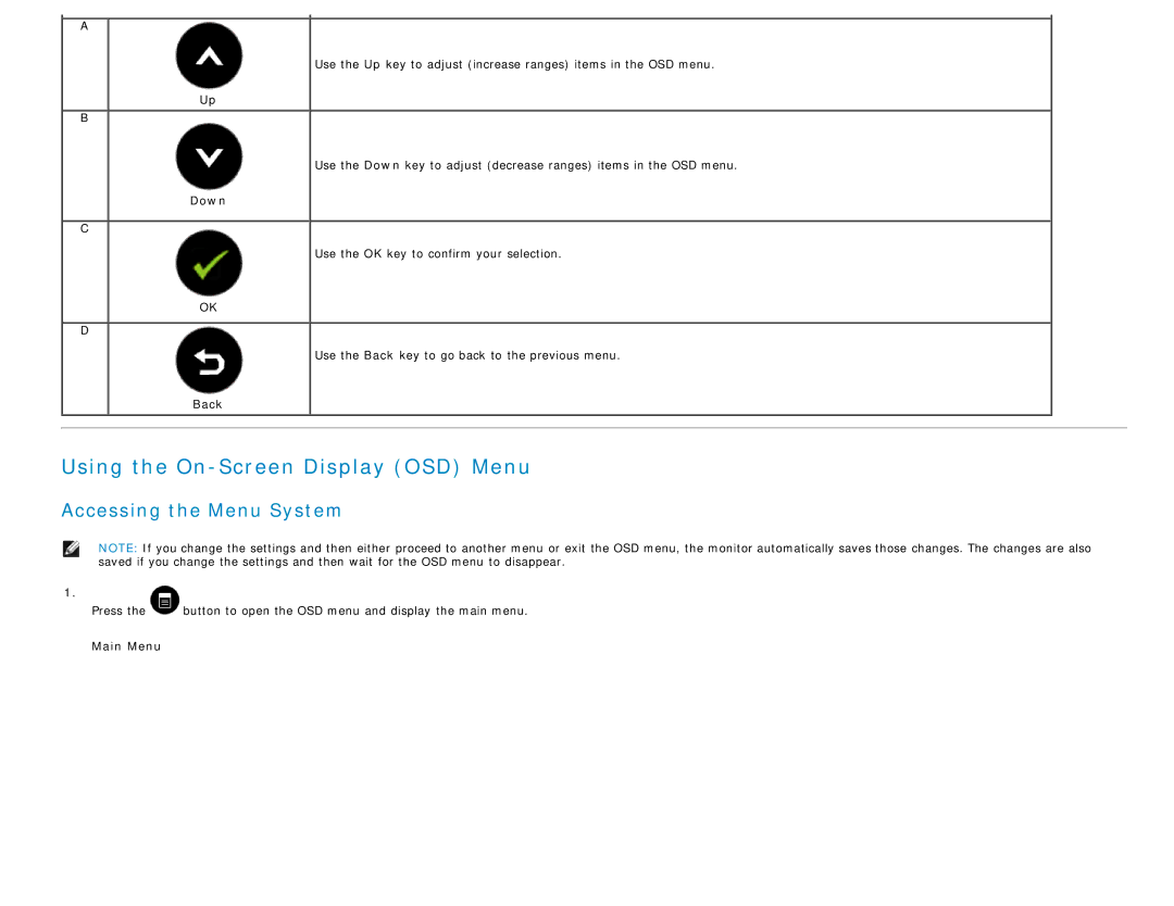 Dell S2340L appendix Down, Back, Press, Main Menu 