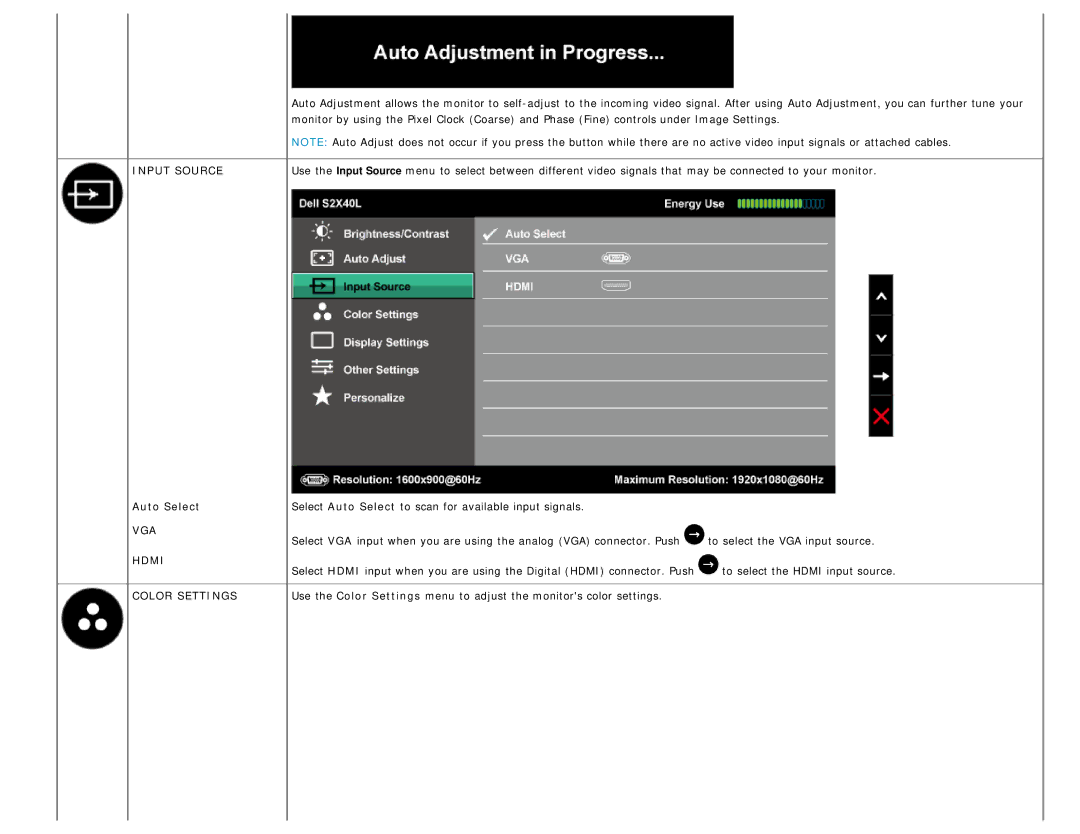 Dell S2340L appendix Input Source, Auto Select, Vga, Hdmi, Color Settings 