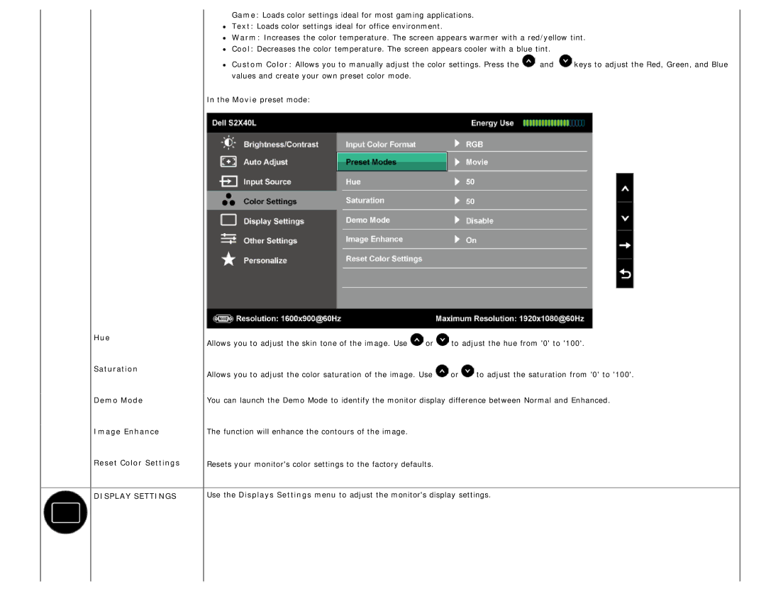 Dell S2340L appendix Hue Saturation Demo Mode Image Enhance Reset Color Settings, Display Settings 