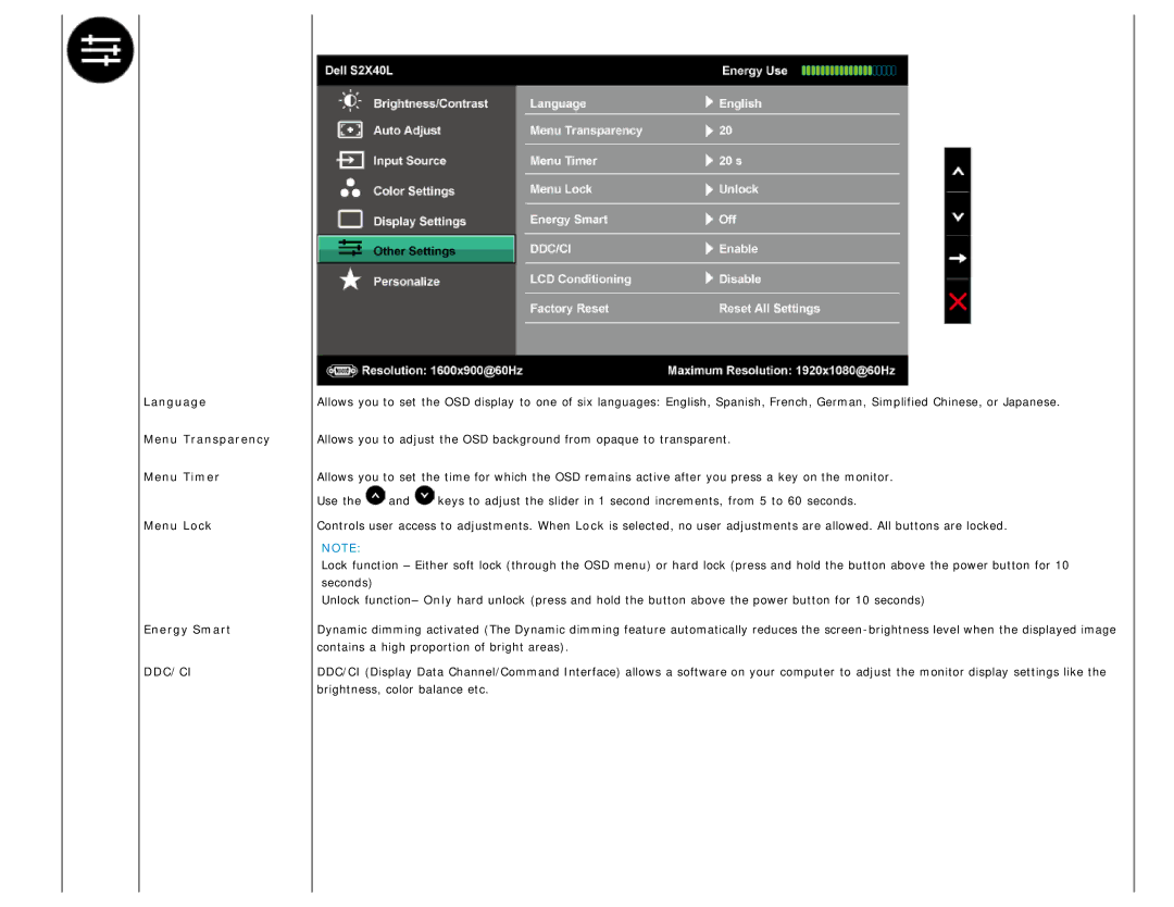 Dell S2340L appendix Language Menu Transparency Menu Timer Menu Lock Energy Smart, Ddc/Ci 