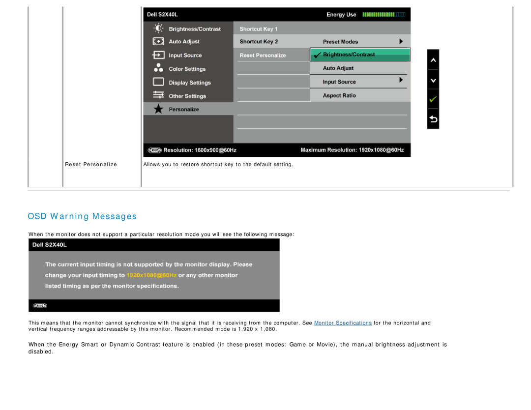 Dell S2340L appendix OSD Warning Messages, Reset Personalize 