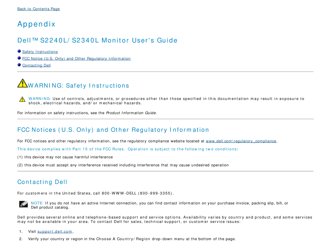 Dell S2340L appendix FCC Notices U.S. Only and Other Regulatory Information, Contacting Dell 