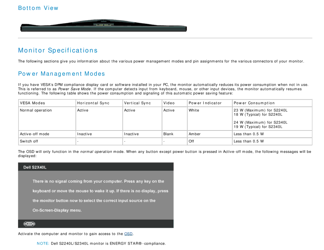 Dell S2340L appendix Monitor Specifications, Bottom View, Power Management Modes 