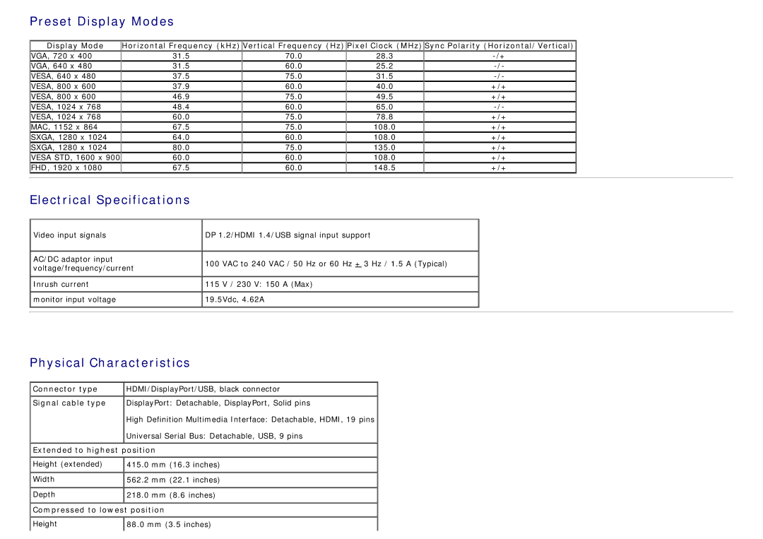 Dell S2340T manual Preset Display Modes, Electrical Specifications, Physical Characteristics 