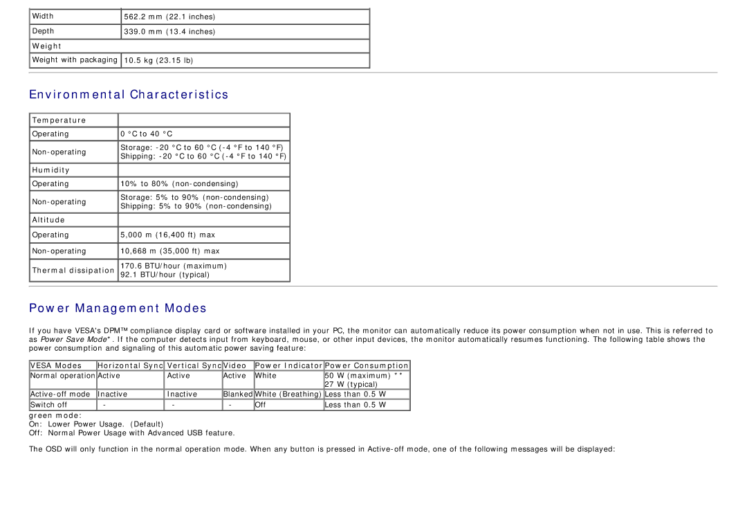 Dell S2340T manual Environmental Characteristics, Power Management Modes 