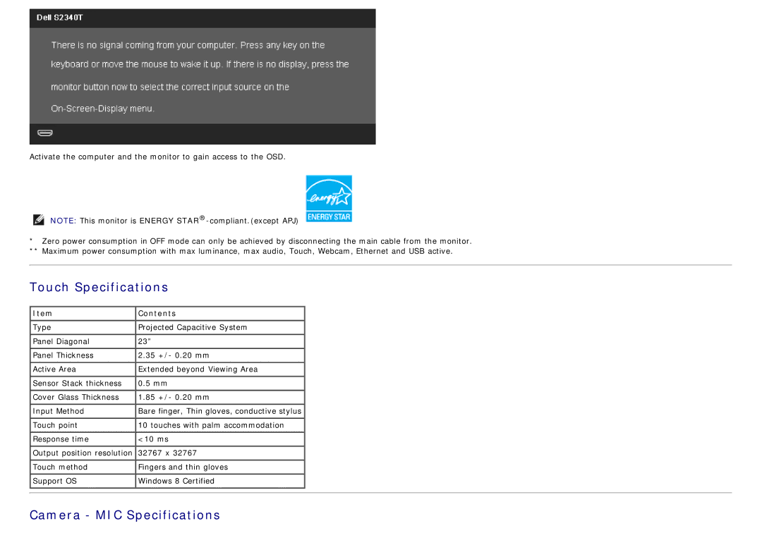 Dell S2340T manual Touch Specifications, Camera MIC Specifications 