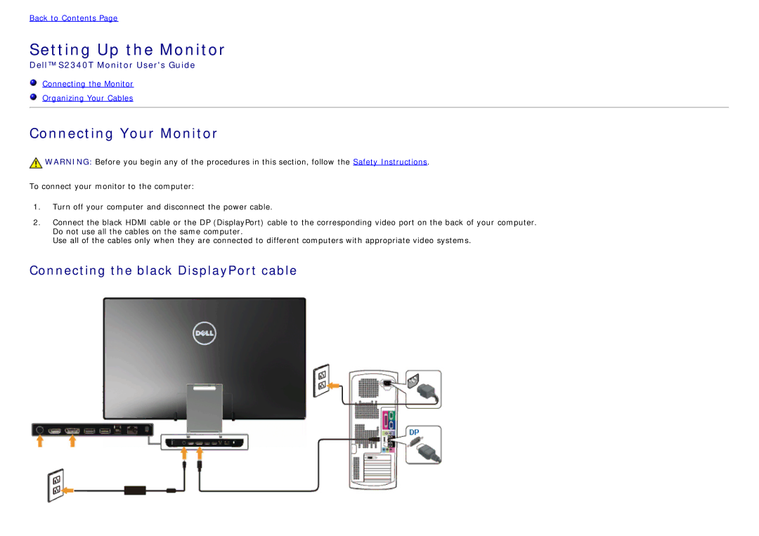 Dell S2340T manual Connecting Your Monitor, Connecting the black DisplayPort cable 