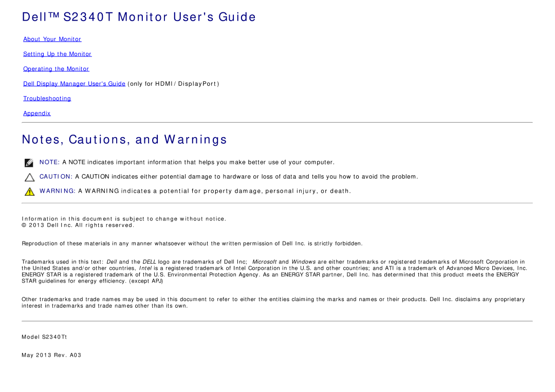 Dell manual Dell S2340T Monitor Users Guide 