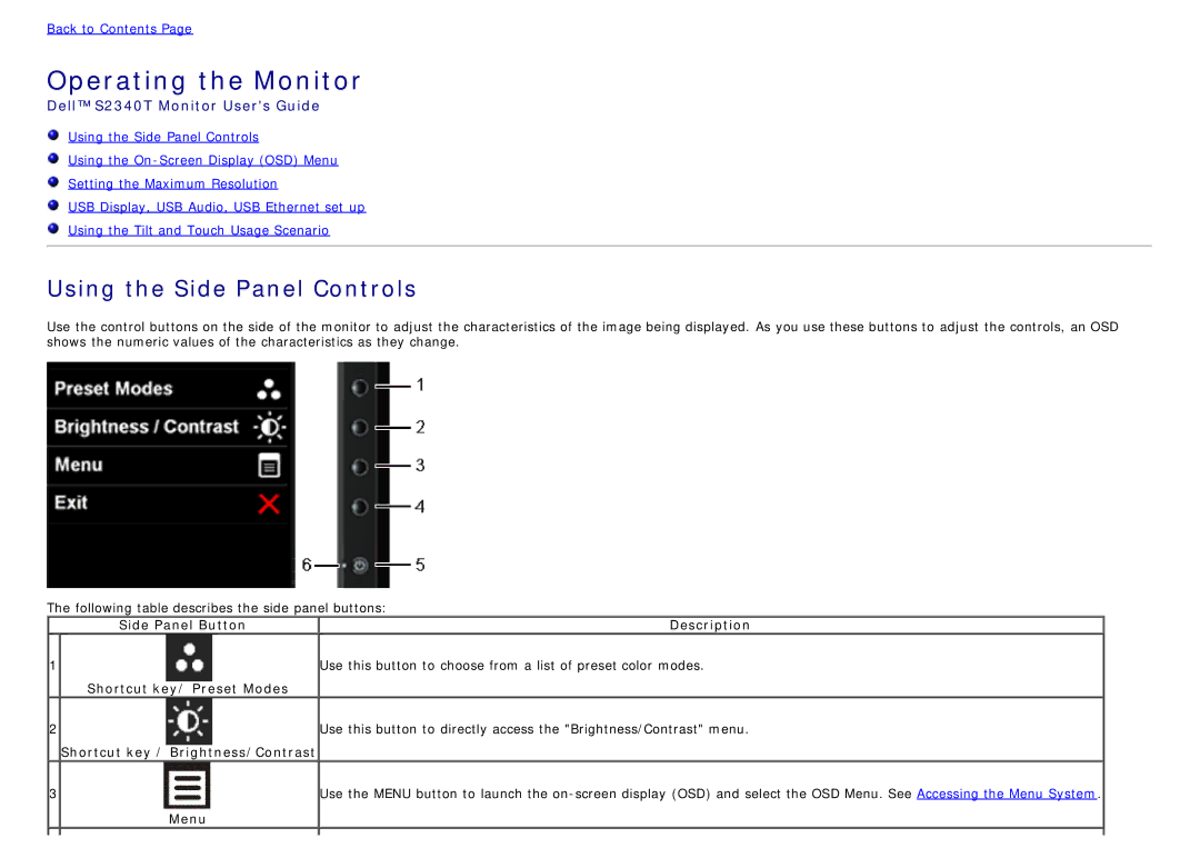 Dell S2340T manual Operating the Monitor, Using the Side Panel Controls, Menu 