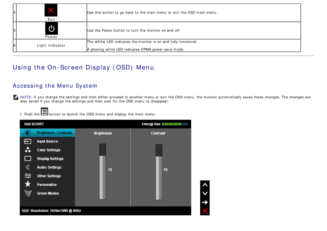 Dell S2340T manual Using the On-Screen Display OSD Menu, Exit, Use the Power button to turn the monitor on and off 