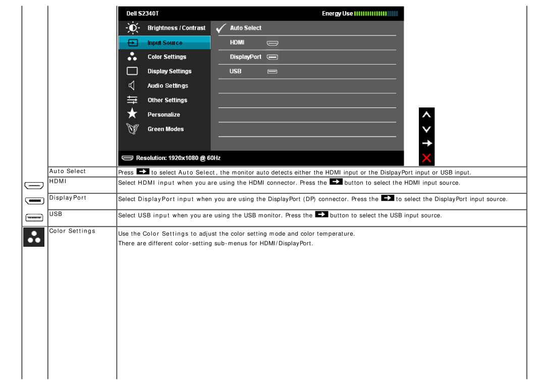 Dell S2340T manual Auto Select, DisplayPort USB Color Settings 