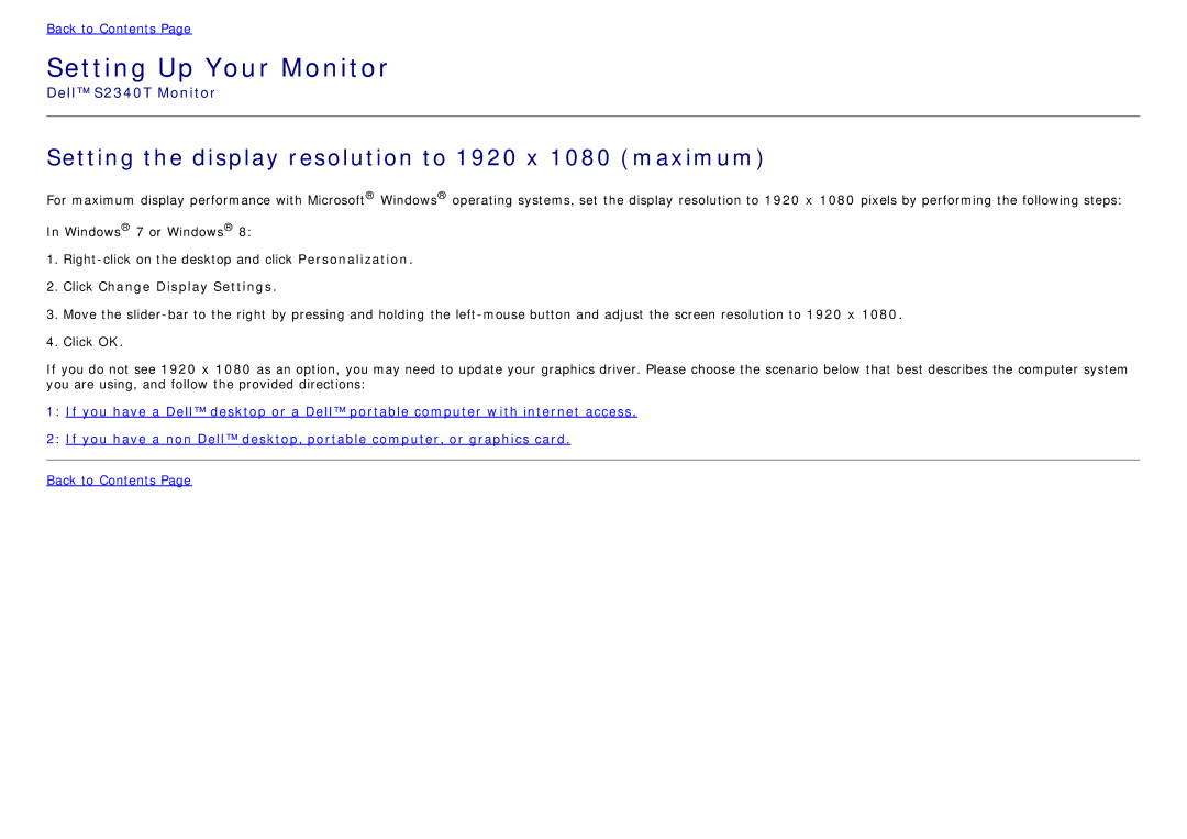 Dell S2340T Setting Up Your Monitor, Setting the display resolution to 1920 x 1080 maximum, Click Change Display Settings 