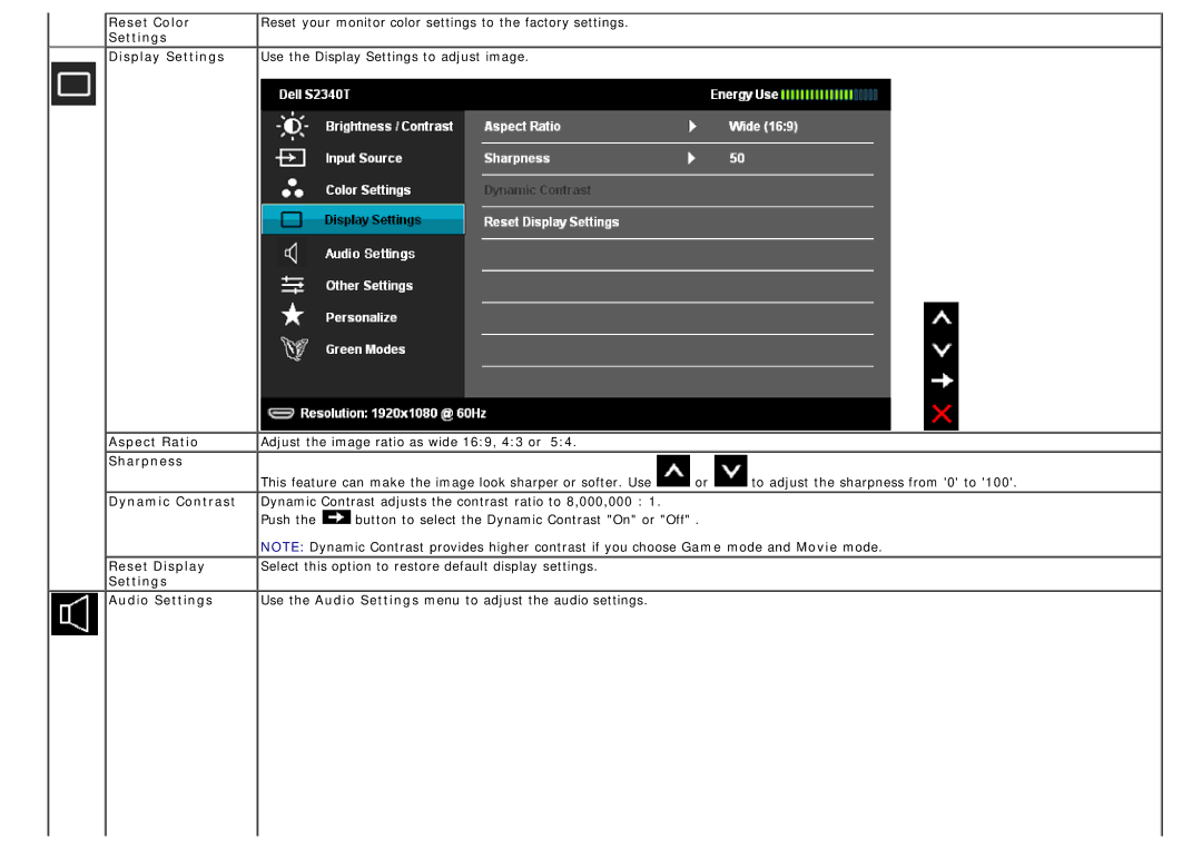 Dell S2340T manual Reset Color, Aspect Ratio, Sharpness, Dynamic Contrast, Reset Display, Settings Audio Settings 