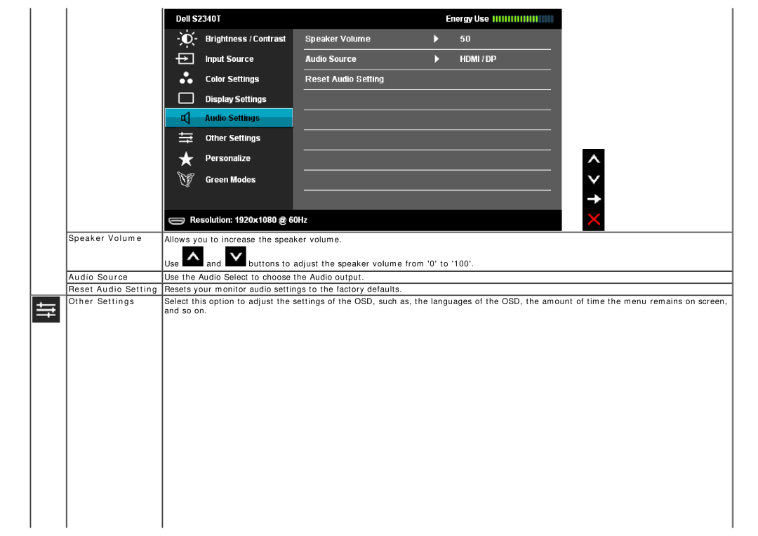 Dell S2340T manual Speaker Volume, Audio Source, Reset Audio Setting, Other Settings 