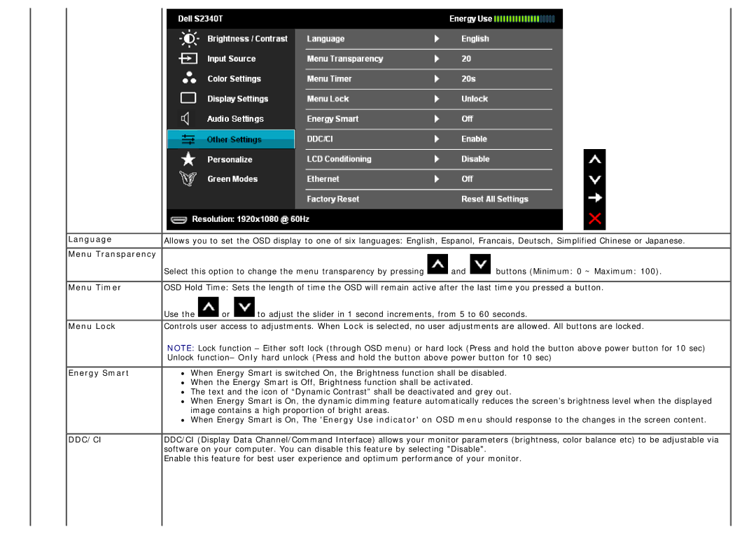 Dell S2340T manual Language, Menu Transparency, Menu Timer, Menu Lock, Energy Smart 