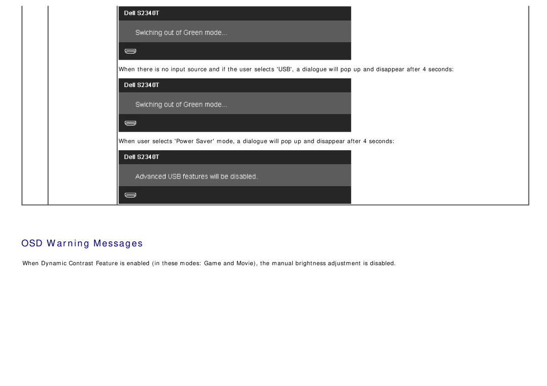 Dell S2340T manual OSD Warning Messages 