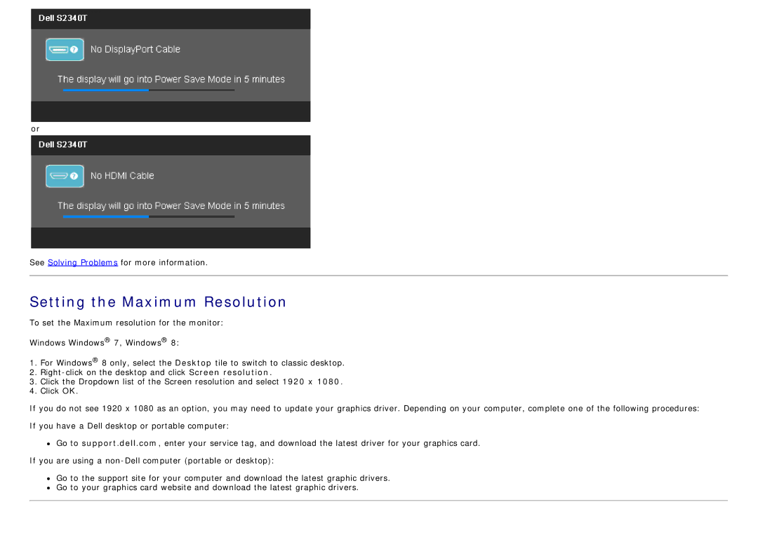 Dell S2340T manual Setting the Maximum Resolution 