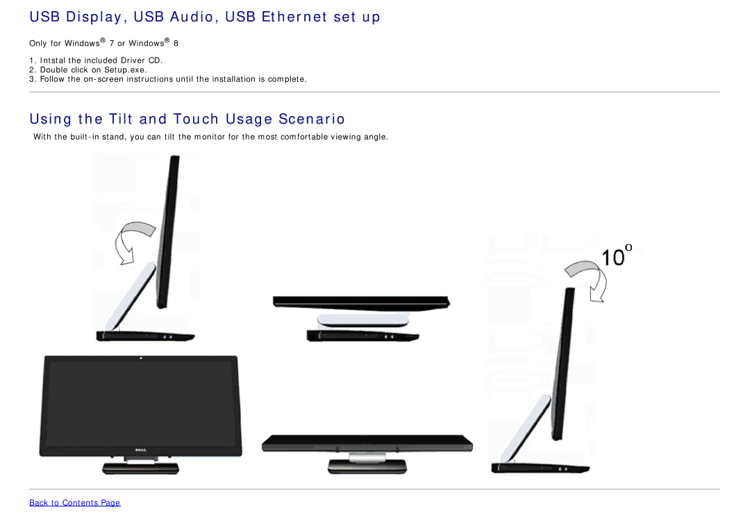 Dell S2340T manual USB Display, USB Audio, USB Ethernet set up, Using the Tilt and Touch Usage Scenario 