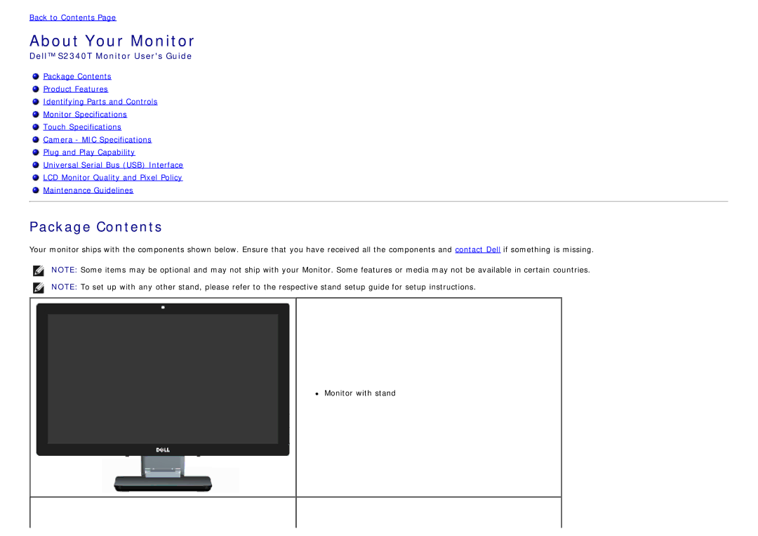 Dell S2340T manual About Your Monitor, Package Contents 