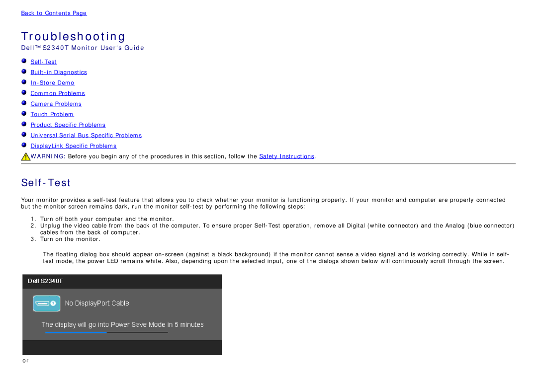Dell S2340T manual Troubleshooting, Self-Test 