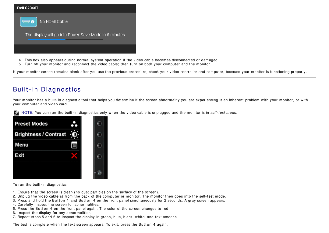 Dell S2340T manual Built-in Diagnostics 