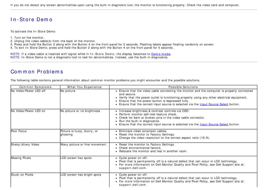 Dell S2340T manual In-Store Demo, Common Problems, Common Symptoms What You Experience Possible Solutions, Support.dell.com 