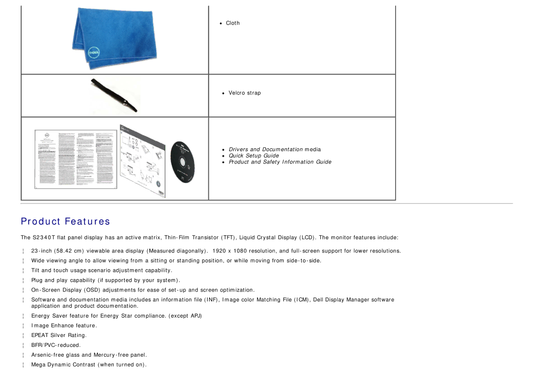 Dell S2340T manual Product Features 