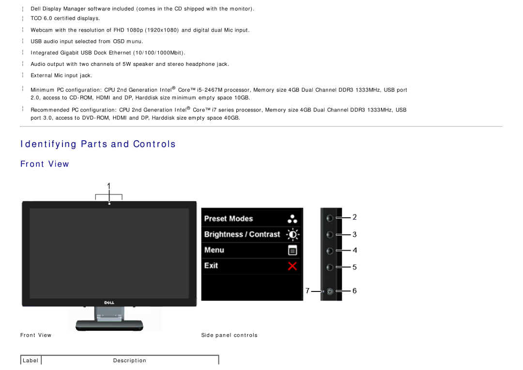 Dell S2340T manual Identifying Parts and Controls, Front View 