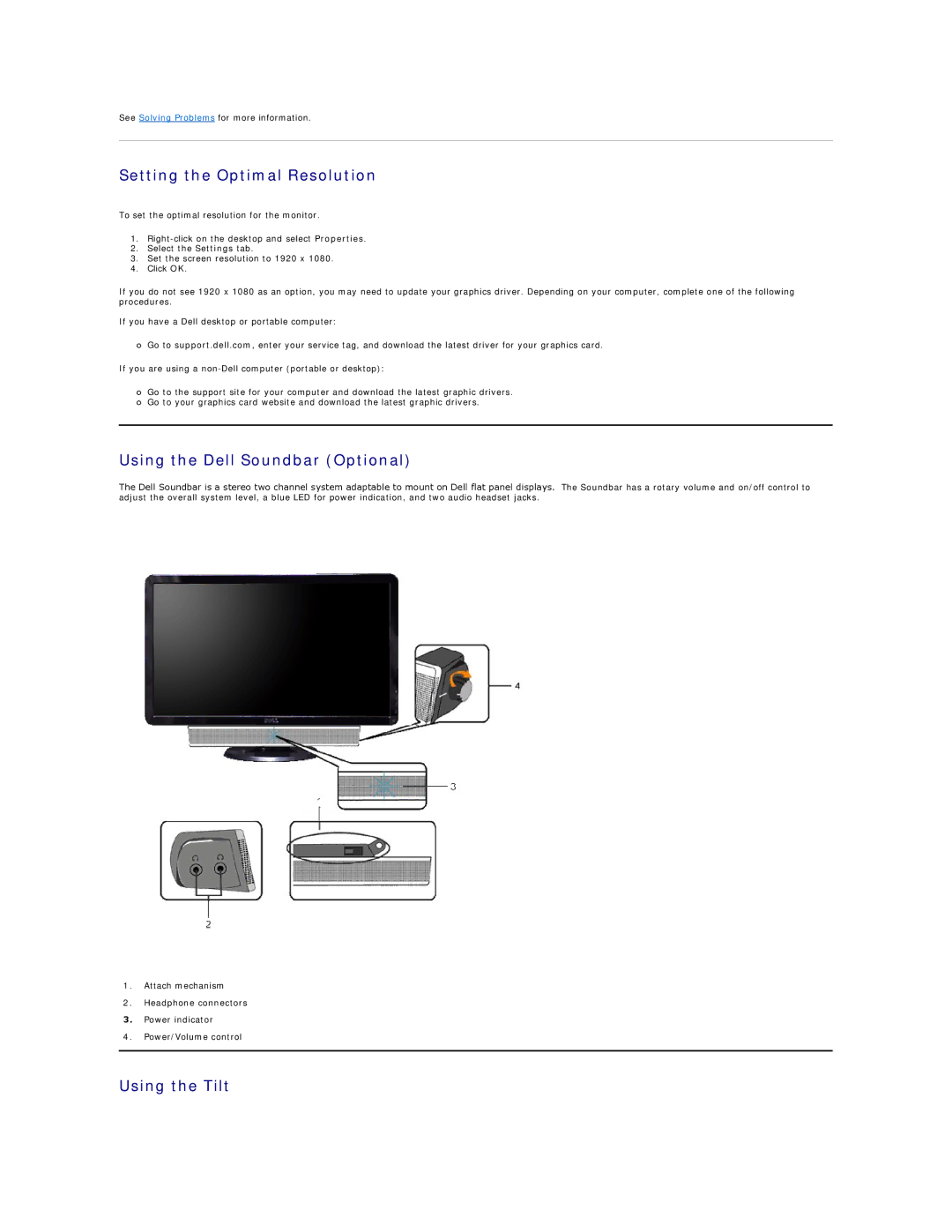 Dell S2409W appendix Setting the Optimal Resolution, Using the Dell Soundbar Optional, Using the Tilt 