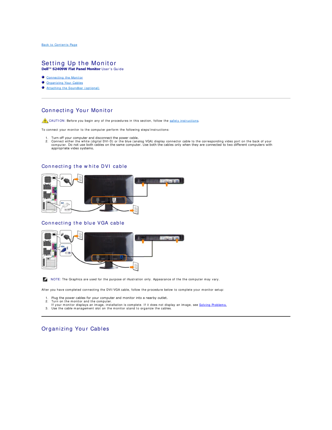 Dell S2409W appendix Setting Up the Monitor, Connecting Your Monitor, Organizing Your Cables 