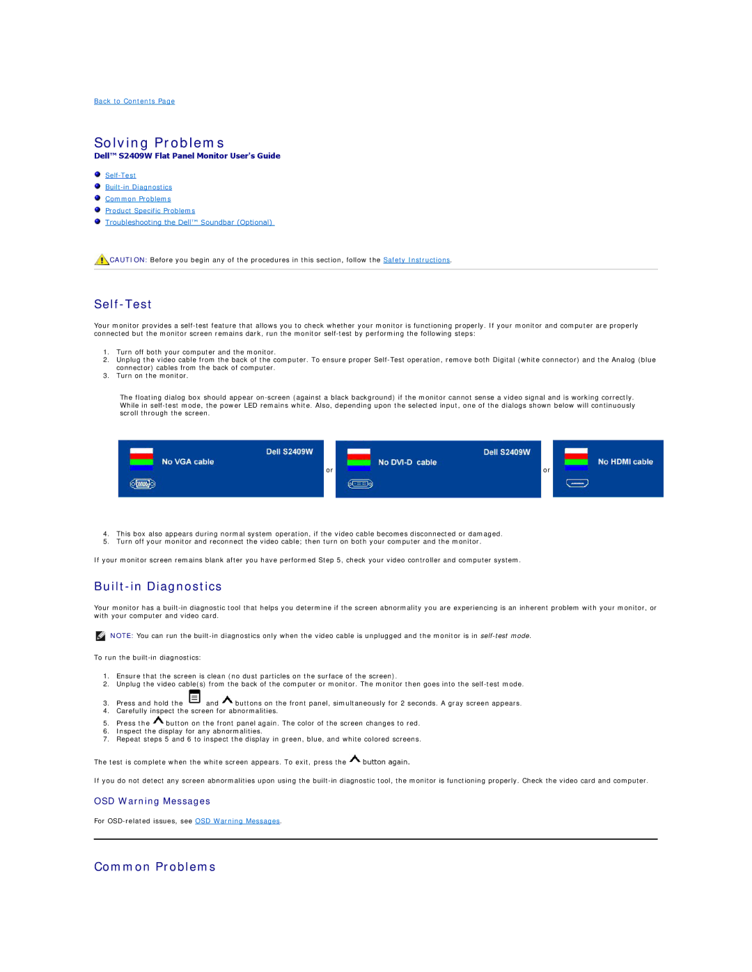 Dell S2409W appendix Solving Problems, Self-Test, Built-in Diagnostics, Common Problems 