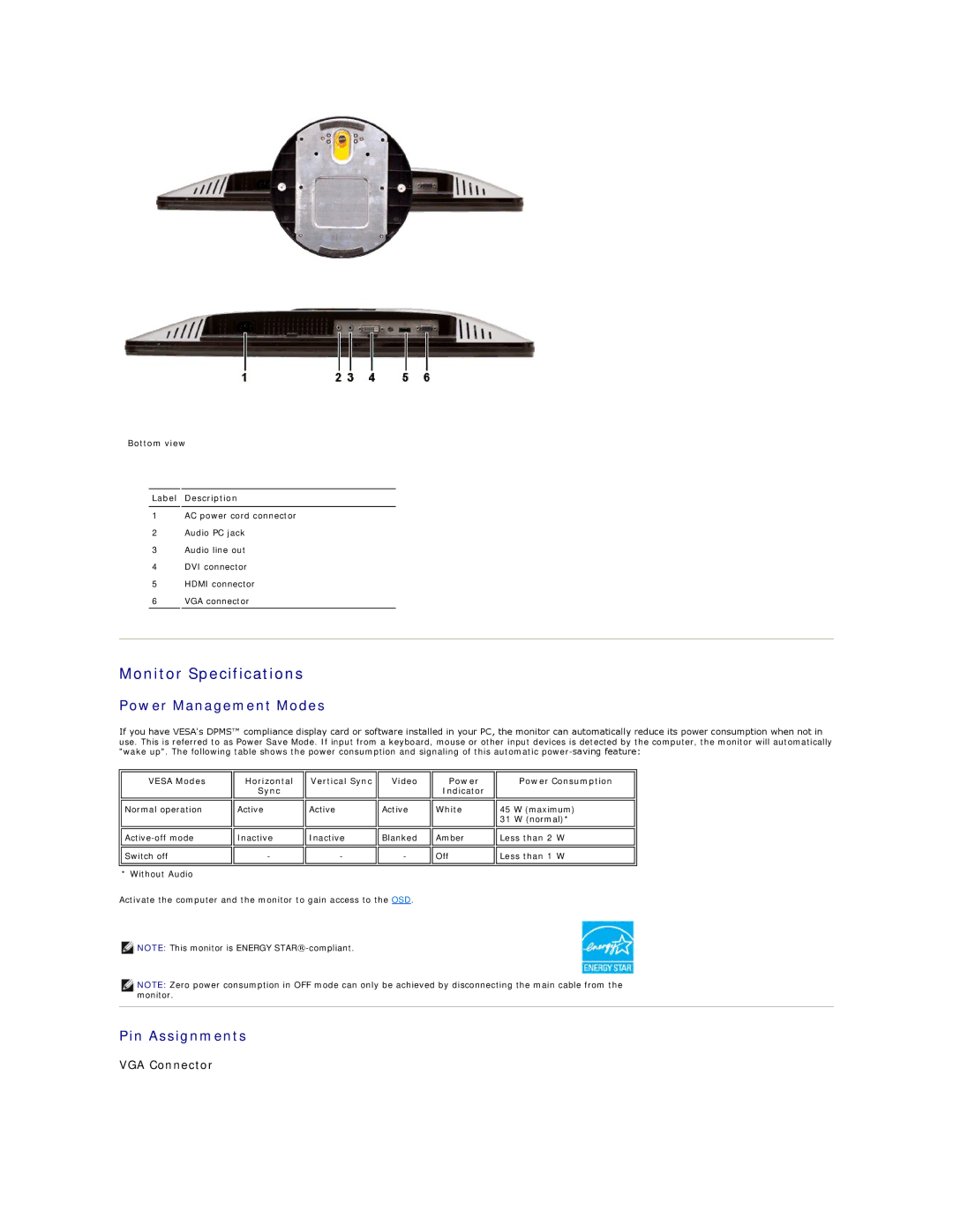 Dell S2409W appendix Monitor Specifications, Power Management Modes, Pin Assignments, Bottom view Label Description 